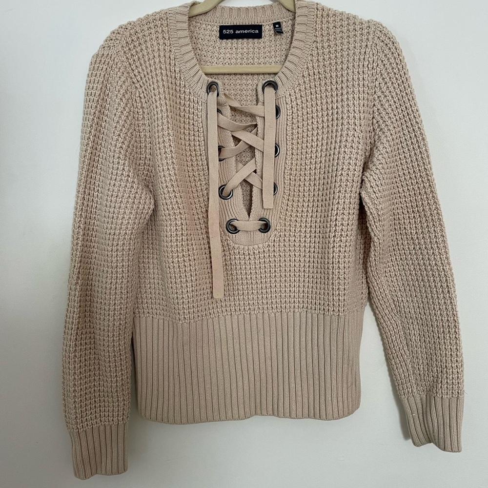 525 America Lace Up Front Sweater Chunky Waffle Knit Size Medium